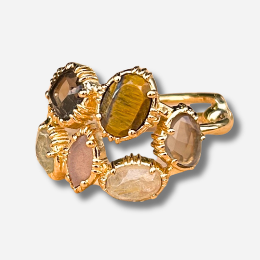 Bague grappe oeil de tigre Au Fil de Lo bague pierre naturelle marron doree reglable femme bijou volumineux