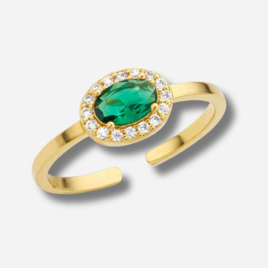 Bague Green Dynasty Mya Bay dorée pierre verte ovale pavée de cristaux