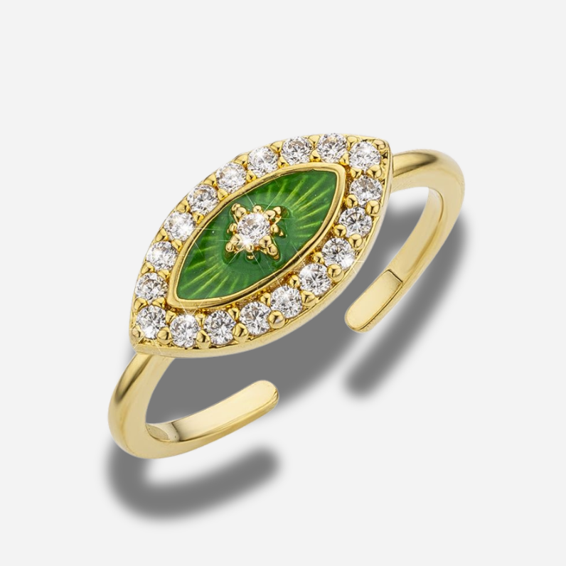 Bague Green Eye Mya Bay dorée œil vert serti de cristaux