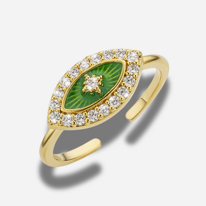 Bague Green Eye Mya Bay dorée œil vert serti de cristaux
