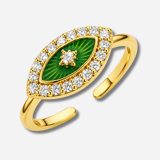 Bague Green Eye Mya Bay dorée œil vert serti de cristaux