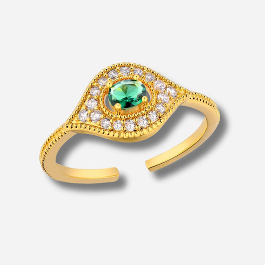 Bague Green Majestic Eye Mya Bay dorée motif œil pierre verte zirconiums