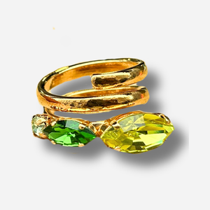 Bague Horia Cactus Crézus pierres vertes jaune fluo doré réglable
