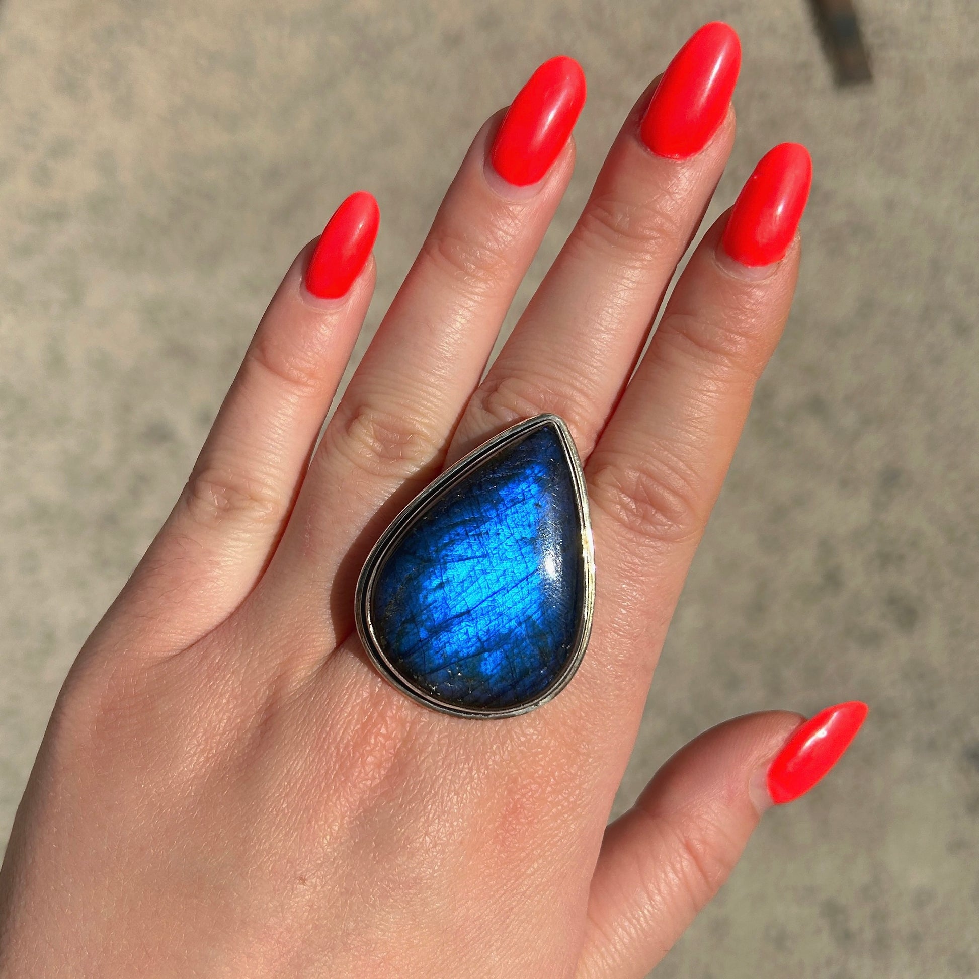 Bague labradorite argent 925 pierre goutte reflets bleus réglable