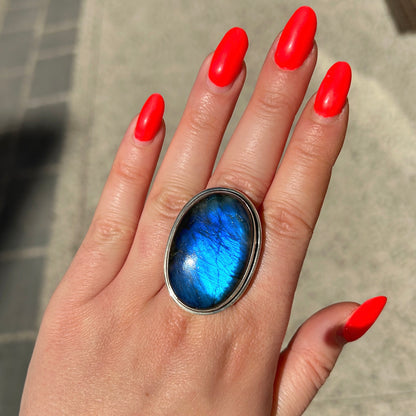 Bague labradorite argent 925 pierre ovale reflets bleus réglable