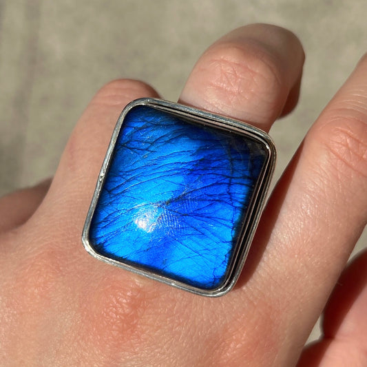 Bague labradorite carrée argent 925 pierre naturelle bleue
