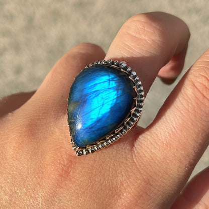 Bague Labradorite Goutte S réglable en argent 925 avec pierre naturelle bleue
