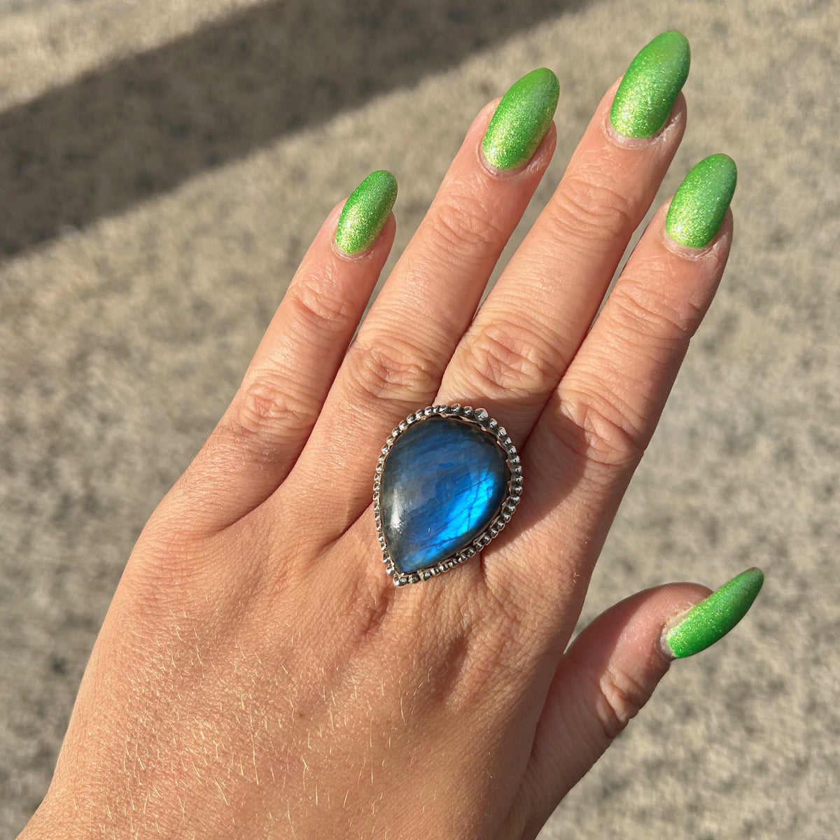 Bague Labradorite Goutte S réglable en argent 925 avec pierre naturelle bleue
