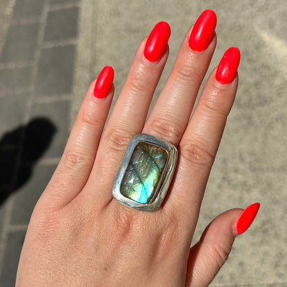 Bague labradorite rectangle argent 925 reflets arc en ciel