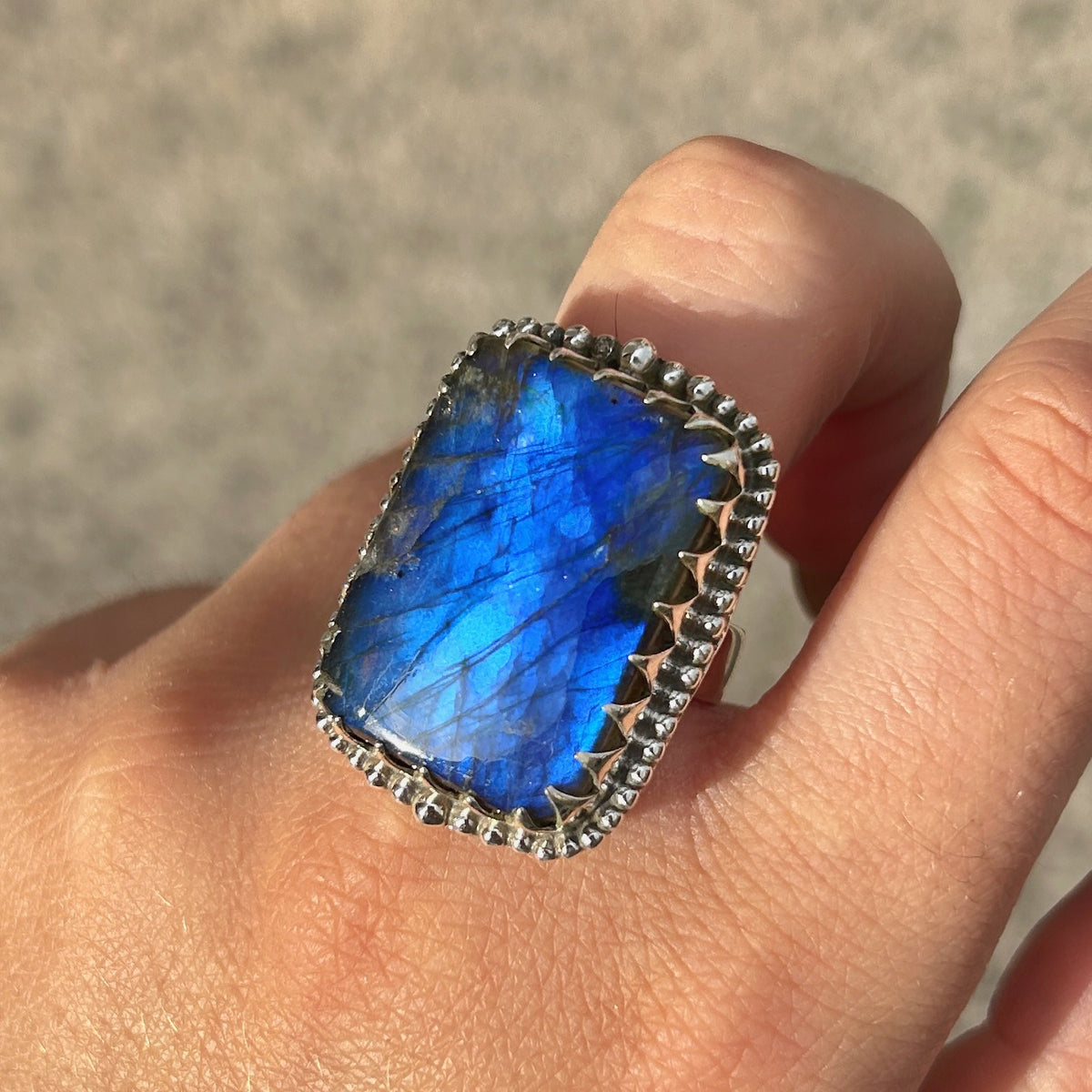 Bague Labradorite Rectangle S réglable en argent 925 avec pierre naturelle bleue
