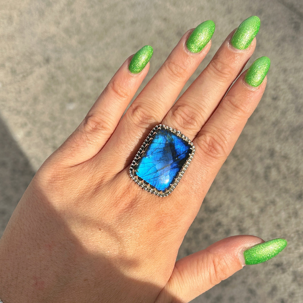 Bague Labradorite Rectangle S réglable en argent 925 avec pierre naturelle bleue

