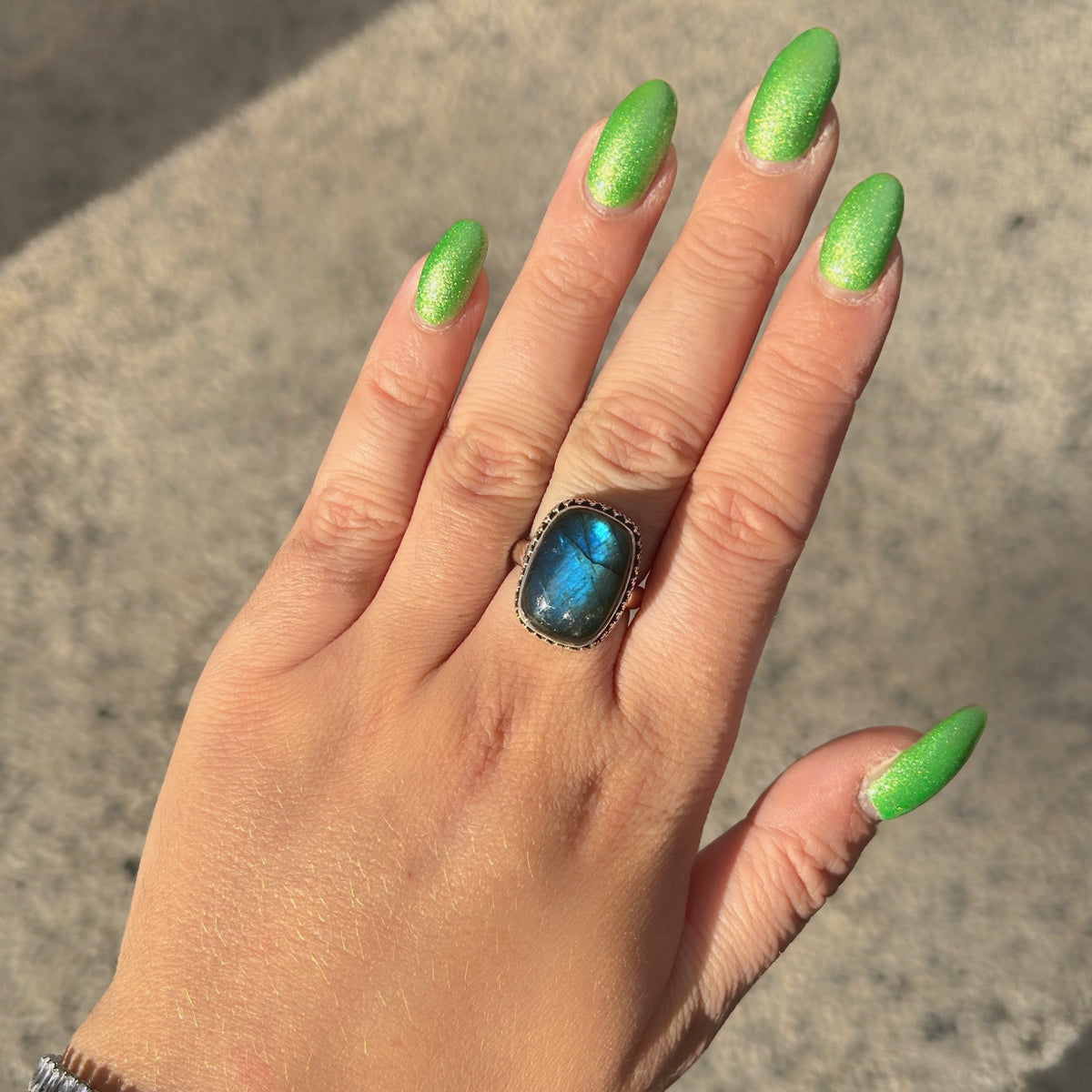 Bague Labradorite Rectangle XS réglable en argent 925 avec pierre naturelle bleue
