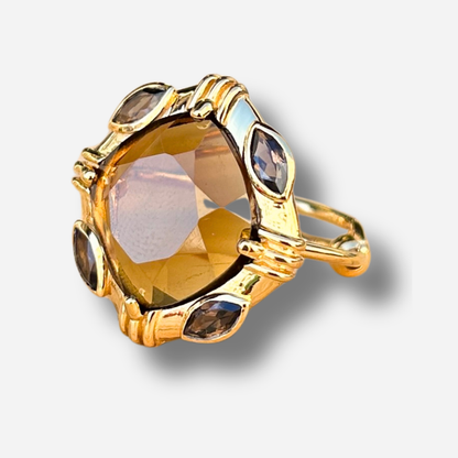 Bague quartz fumé losange Au Fil de Lo pierre naturelle marron dorée multi pierres reglable femme
