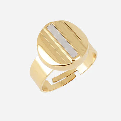 Bague Luras ZAG acier doré nacre blanche ajustable bijou femme rond graphique Divinity Sète