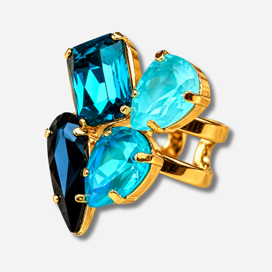 Bague Maelia Bora Crézus pierres bleues turquoise noir doré réglable