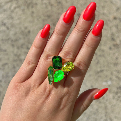 Bague Crézus cristaux verts et jaune lumineux