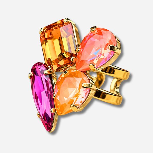 Bague Maelia Hibiscus Crézus pierres orange rose fuchsia doré réglable