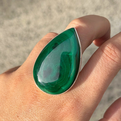 Bague Malachite Goutte XL réglable en argent 925 avec grande pierre naturelle verte
