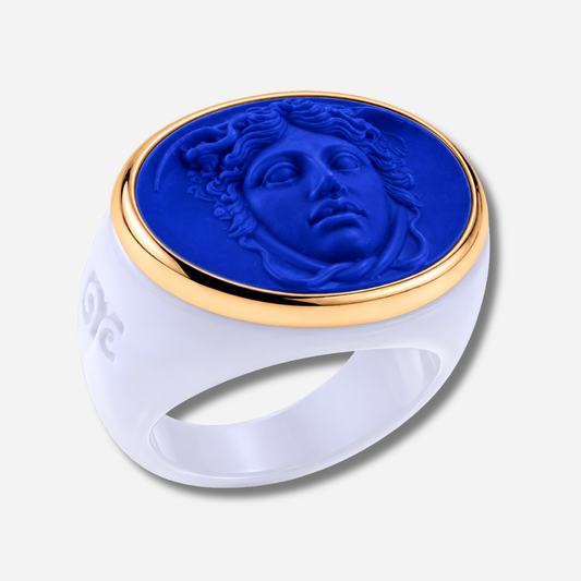 Bague Médusa bleu blanc Grandtour Collection visage relief bleu