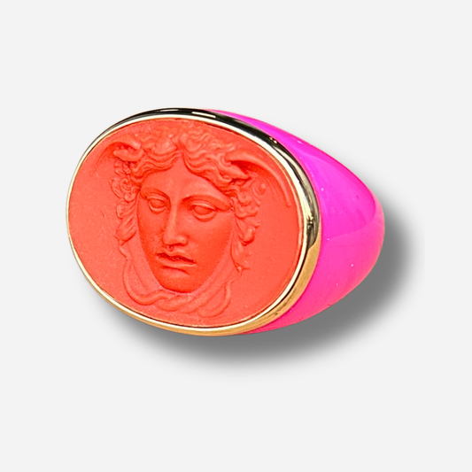 Bague Médusa orange rose Grandtour Collection visage relief coloré