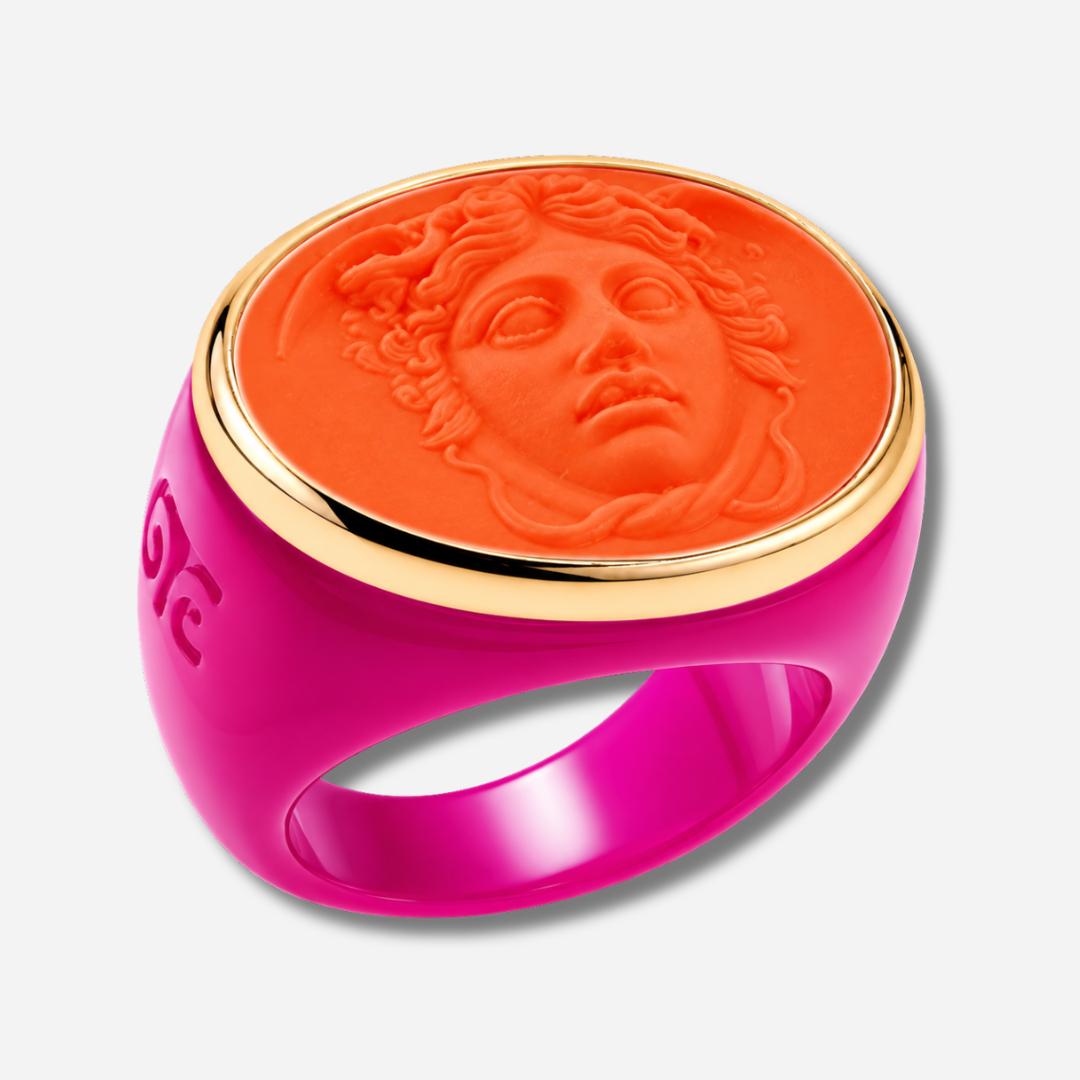Bague Médusa orange rose Grandtour Collection visage relief coloré