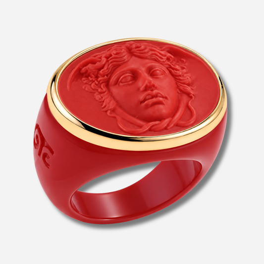 Bague Médusa rouge Grandtour Collection visage relief rouge doré