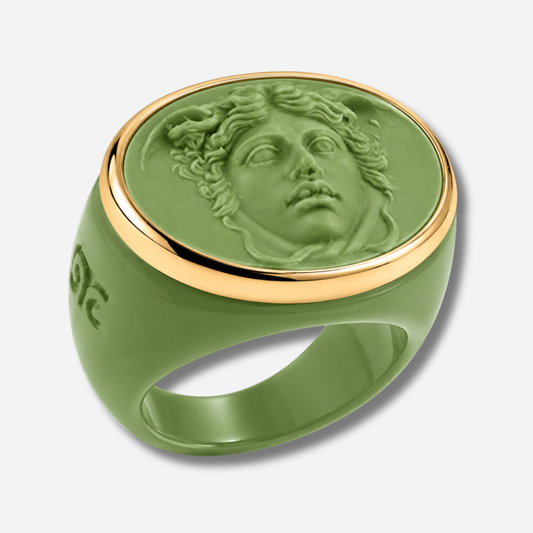 Bague Médusa vert clair Grandtour Collection visage relief vert contour doré