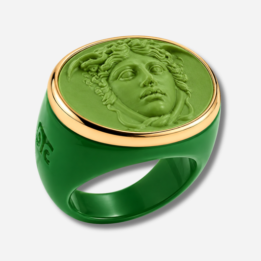 Bague Médusa vert menthe Grandtour Collection visage relief vert pastel contour doré