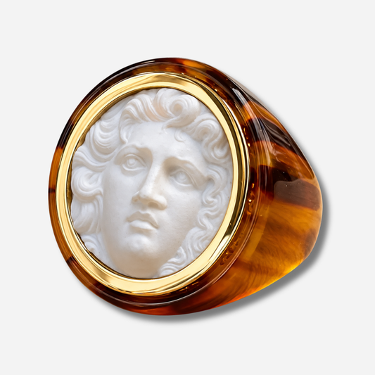 Bague Médusa XXL blanc marron Grandtour Collection effet camee doré visage relief
