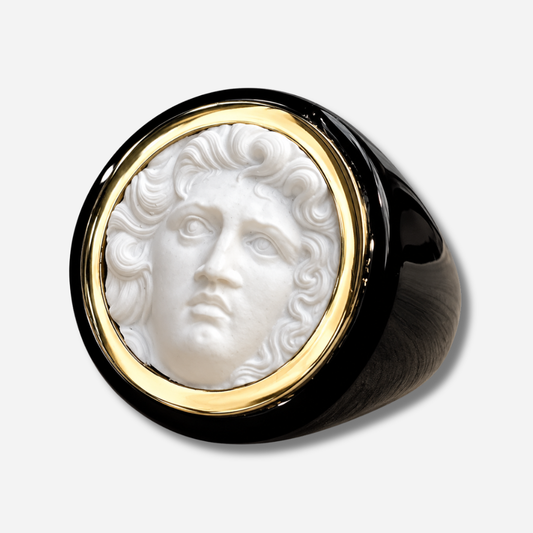 Bague Médusa XXL blanc noir Grandtour Collection effet camee doré visage relief