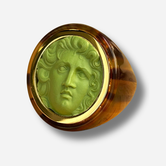 Bague Médusa XXL vert marron Grandtour Collection effet écaille doré visage relief
