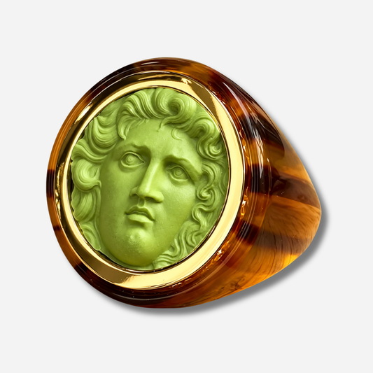 Bague Médusa XXL vert marron Grandtour Collection effet écaille doré visage relief
