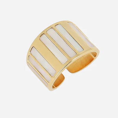 Bague Menfi ZAG acier doré nacre blanche large ajustable bijou femme graphique Divinity Sète
