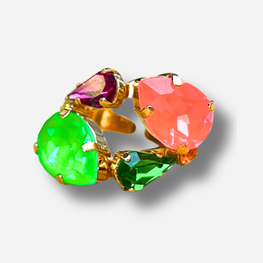 Bague Naira Fluo Crézus pierres vert fluo corail doré réglable