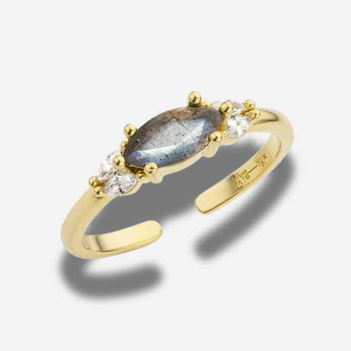 Bague Neptune Mya Bay dorée avec labradorite centrale et cristaux