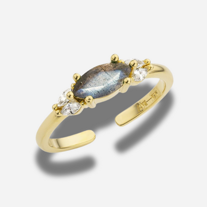 Bague Neptune Mya Bay dorée avec labradorite centrale et cristaux