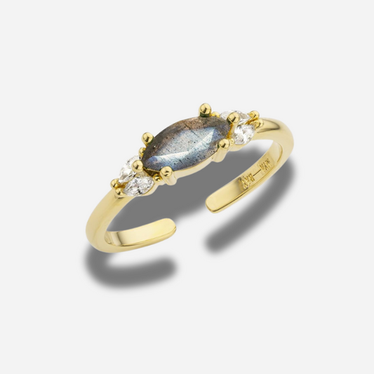 Bague Neptune Mya Bay dorée avec labradorite centrale et cristaux