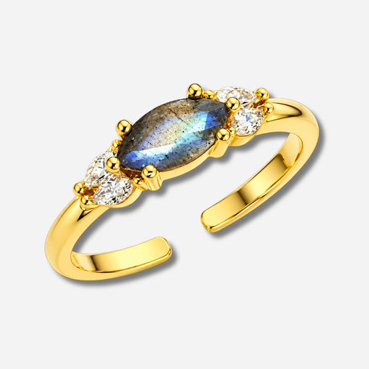 Bague Neptune Mya Bay dorée avec labradorite centrale et cristaux