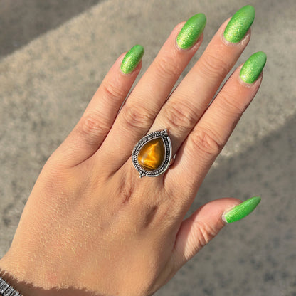 Bague Œil de Tigre Goutte XS réglable en argent 925 avec pierre naturelle
