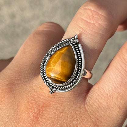 Bague Œil de Tigre Goutte XS réglable en argent 925 avec pierre naturelle
