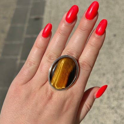 Bague œil de tigre ovale argent 925 pierre naturelle