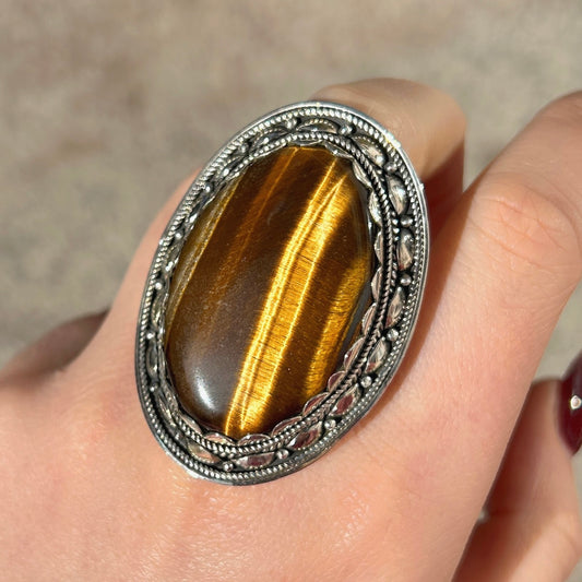 Bague grande pierre oeil de tigre femme argent massif