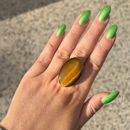 Bague Œil de Tigre Ovale M réglable en argent 925 avec pierre naturelle
