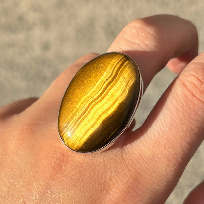 Bague Œil de Tigre Ovale M réglable en argent 925 avec pierre naturelle
