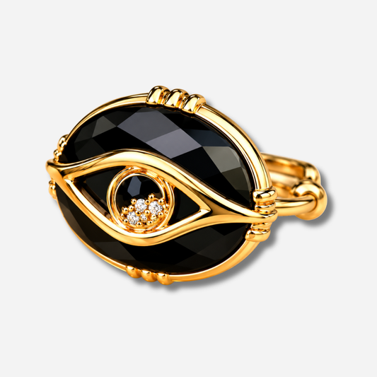 Bague Œil GM Au Fil de Lo en spinelle noire facettée avec œil protecteur doré – Divinity Sète