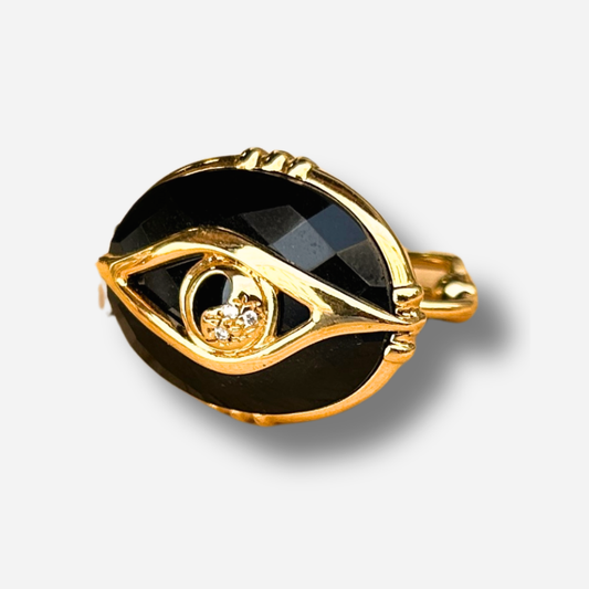 Bague oeil spinelle noire Au Fil de Lo grande bague pierre noire protectrice femme doree