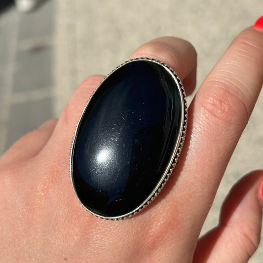 Bague onyx noir ovale argent 925 grande pierre naturelle