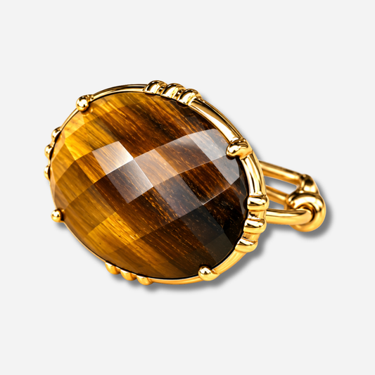 Bague Ovale GM Au Fil de Lo en œil de tigre naturel facetté et monture dorée – Divinity Sète
