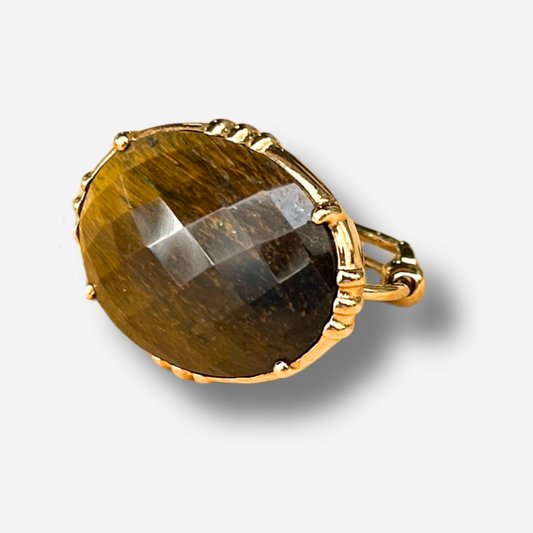 Bague ovale oeil de tigre Au Fil de Lo grande pierre naturelle marron dore reglable femme