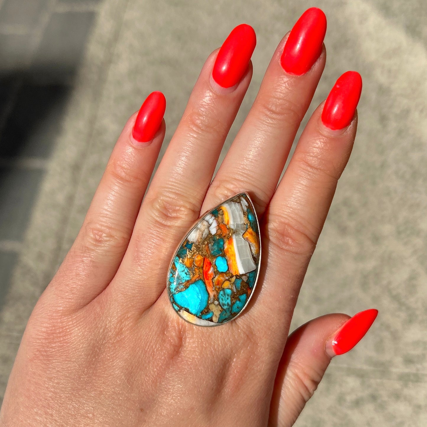 Bague oyster copper turquoise argent 925 ovale goutte pierre multicolore